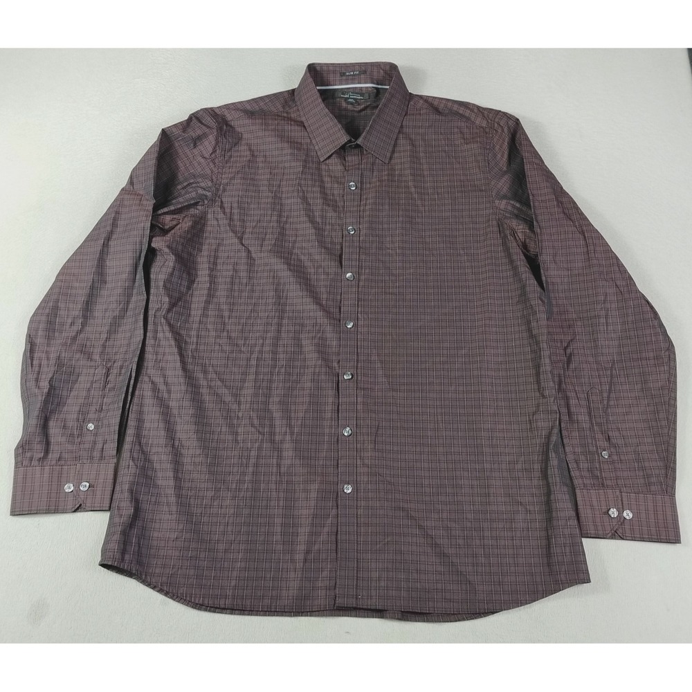 Marc Anthony Button Up Shirt Mens 2XL Burgundy Check Slim Fit Office Business